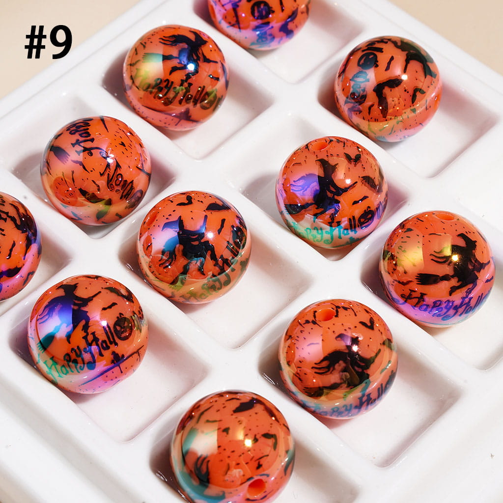 UV Coated Acrylic Beads for Bracelets with Horror Mask Skull Bat Witch Hat Castle, Halloween Series, 16MM