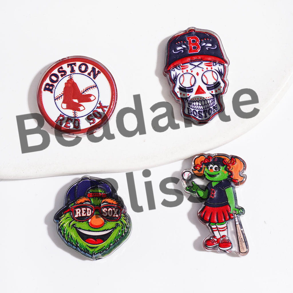 American Baseball Boston Red Sock Team Acrylic Beads, Semi-Clear, Random Mix