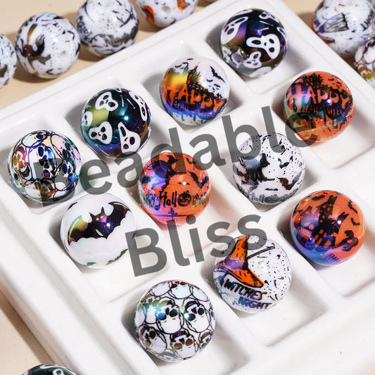 UV Coated Acrylic Beads for Bracelets with Horror Mask Skull Bat Witch Hat Castle, Halloween Series, 16MM