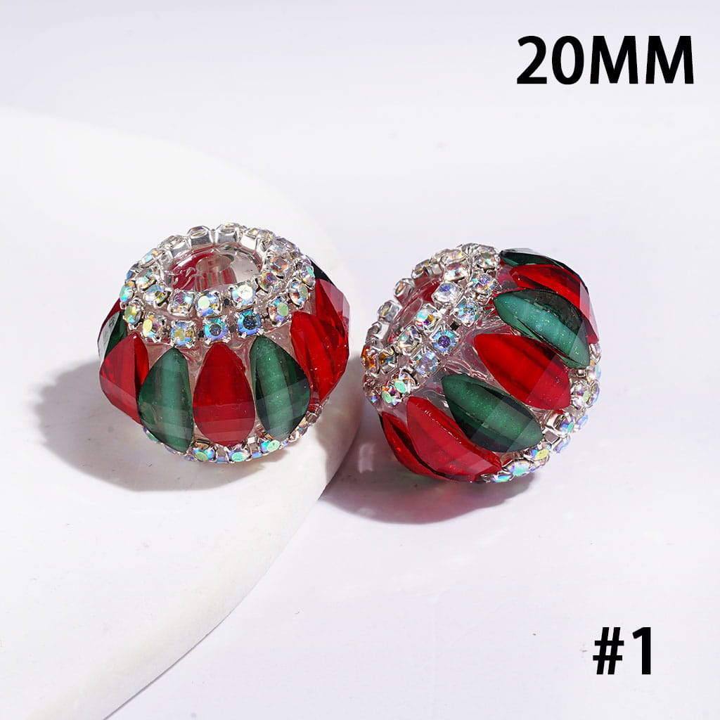 Handmade Christmas Series Acrylic Beads with Red and Green Diamonds, White Pearl & AB Clear Rhinestone Chains