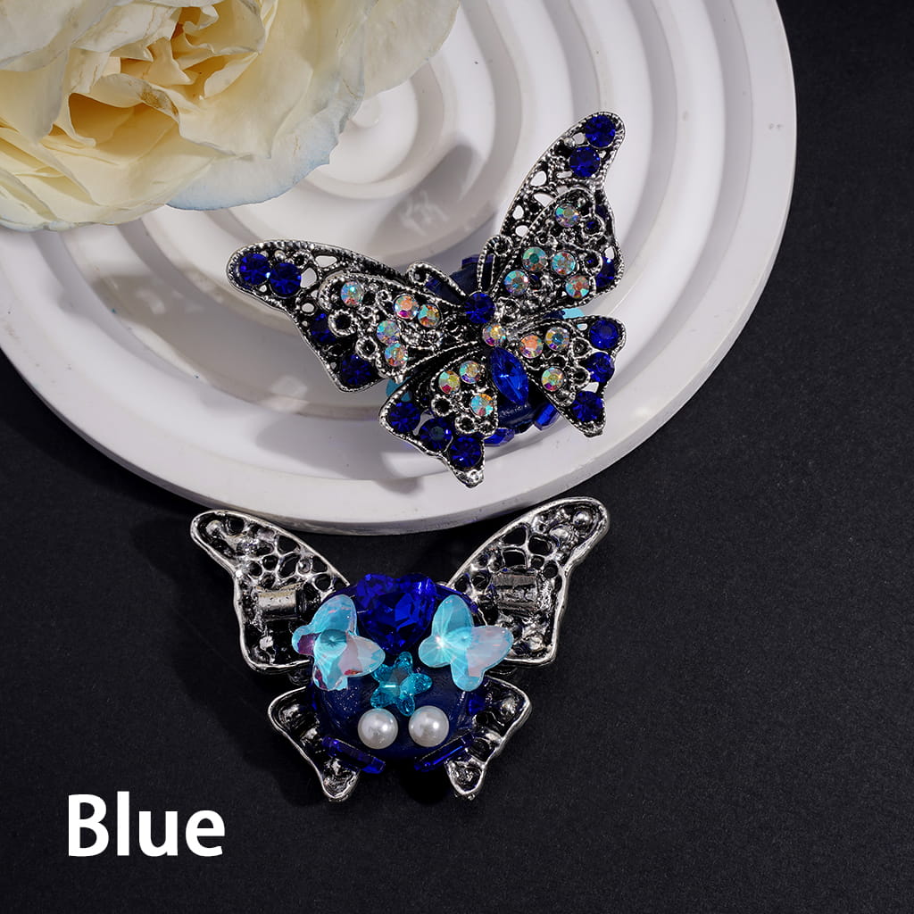 Clay Beads with Retro Alloy Butterfly w Bling Bling Rhinestones, White Pearls, 38*53MM, Blue and Red