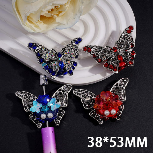 Clay Beads with Retro Alloy Butterfly w Bling Bling Rhinestones, White Pearls, 38*53MM, Blue and Red