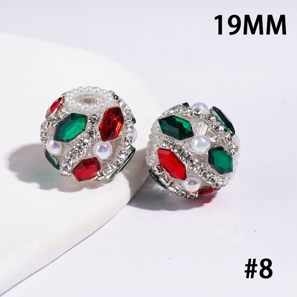 Handmade Christmas Series Acrylic Beads with Red and Green Diamonds, White Pearl & AB Clear Rhinestone Chains