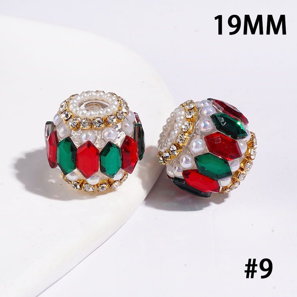 Handmade Christmas Series Acrylic Beads with Red and Green Diamonds, White Pearl & AB Clear Rhinestone Chains