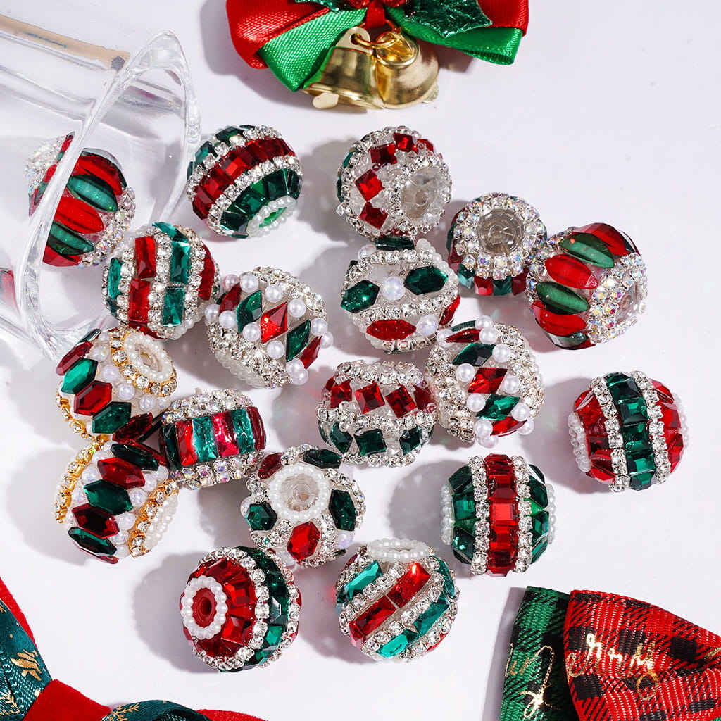 Handmade Christmas Series Acrylic Beads with Red and Green Diamonds, White Pearl & AB Clear Rhinestone Chains