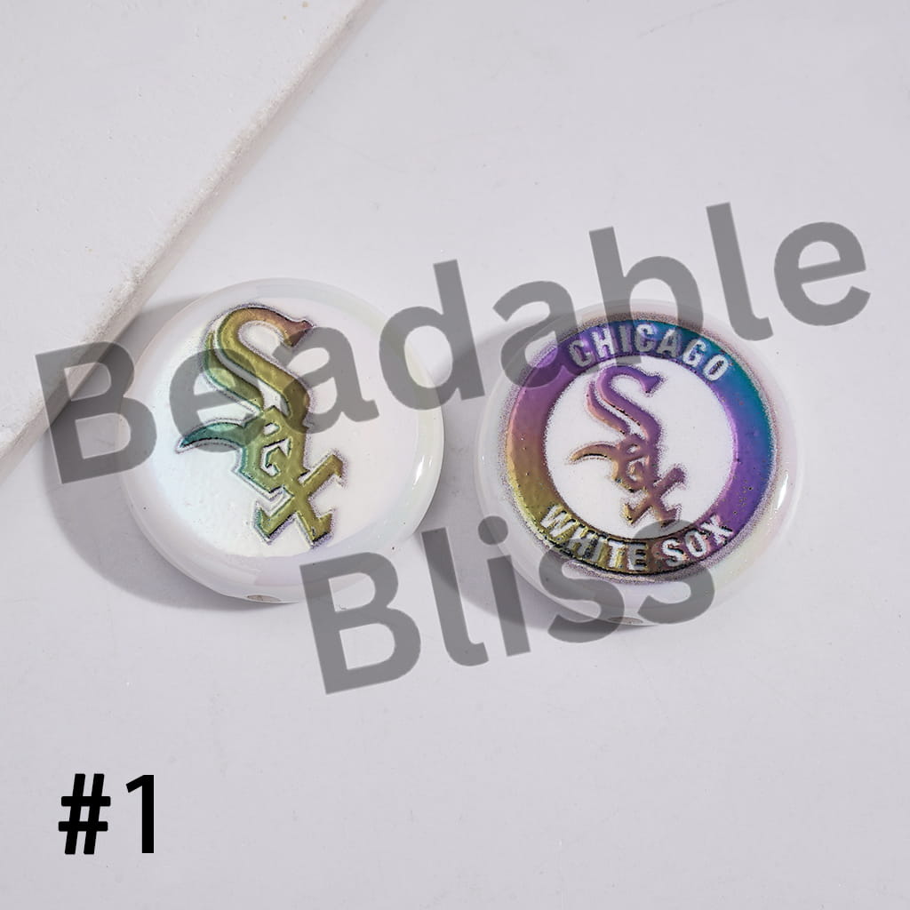 Two buttons with Chicago White Sox logo on a white background, branded 'Beadable Bliss'.

