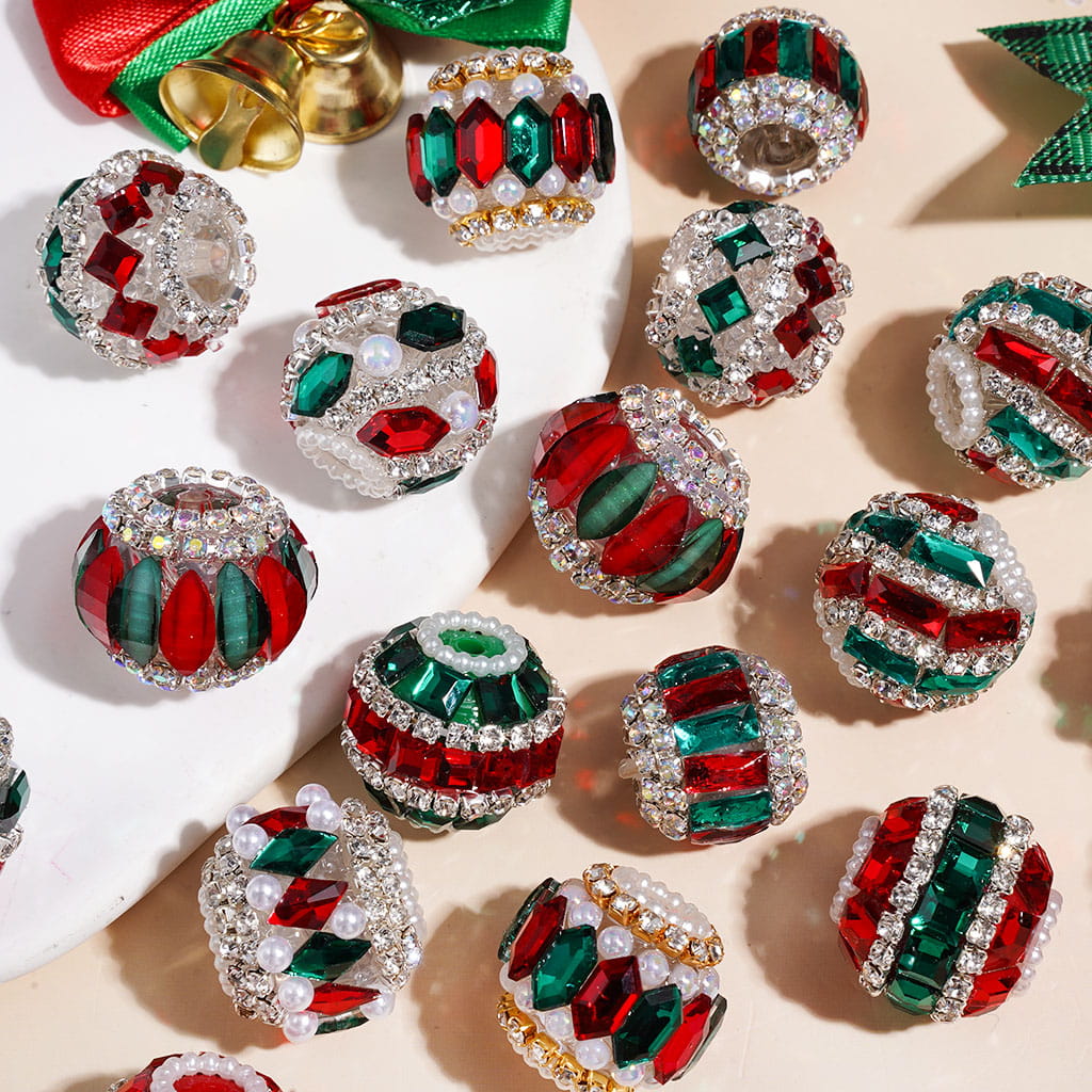 Handmade Christmas Series Acrylic Beads with Red and Green Diamonds, White Pearl & AB Clear Rhinestone Chains