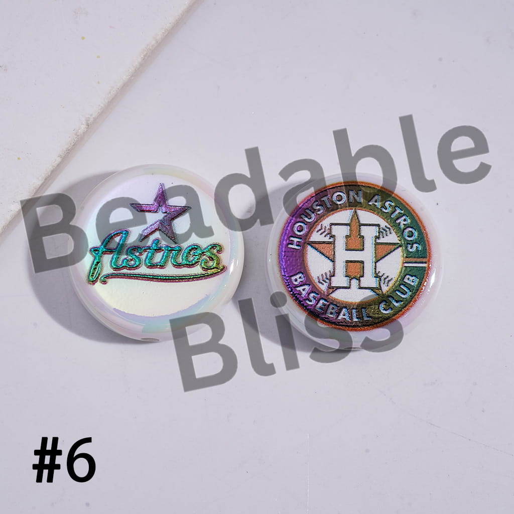 Two Houston Astros pins on a white background with 'Beadable Bliss' branding.

