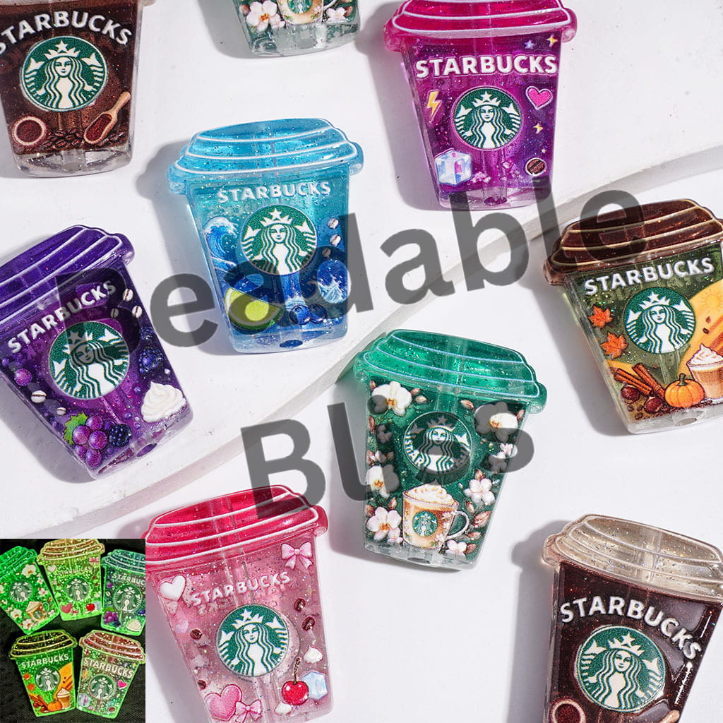 Clear Acrylic Beads Coffee Cup with Glitter, 25*30MM, Multi-Color, Random Mix