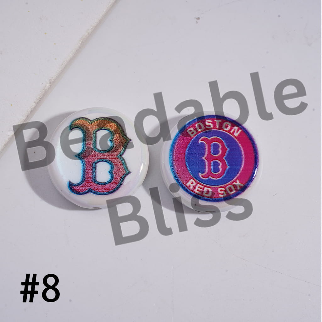 Two Boston Red Sox buttons on a white background with 'Bendable Bliss' branding.


