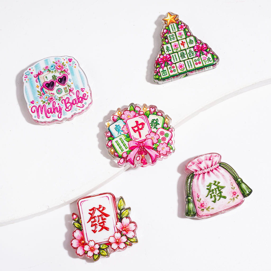 Semi-Clear Acrylic Beads Mahjong Theme with Flower, Good Luck and Prosperity Series, Random Mix