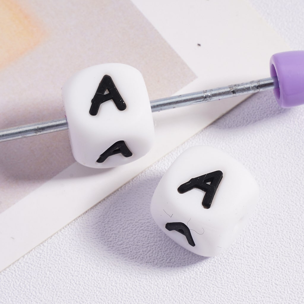 Silicone Letter Beads, Alphabet All Letters, White Color Cube, Square Shape, Size 12mm