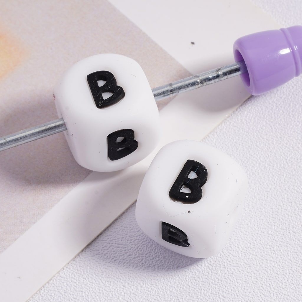 Silicone Letter Beads, Alphabet All Letters, White Color Cube, Square Shape, Size 12mm