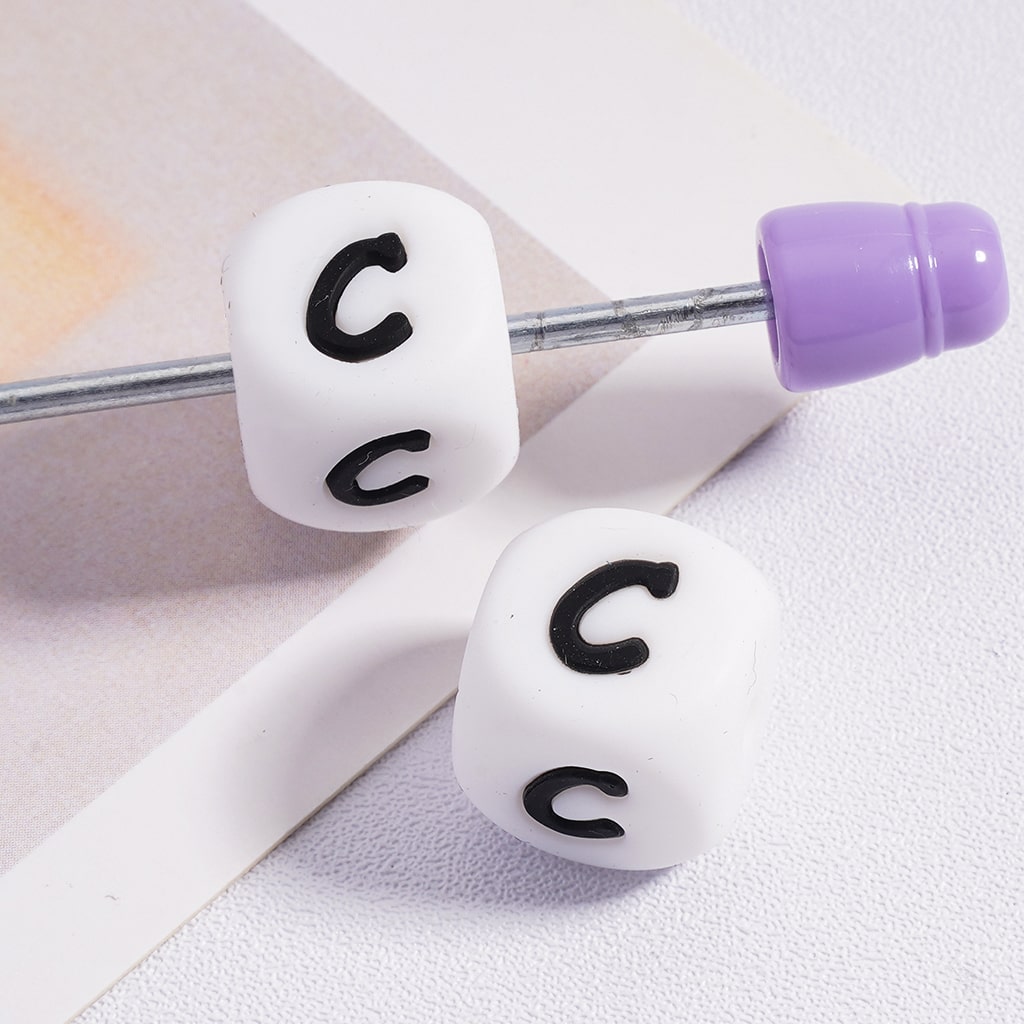 Silicone Letter Beads, Alphabet All Letters, White Color Cube, Square Shape, Size 12mm