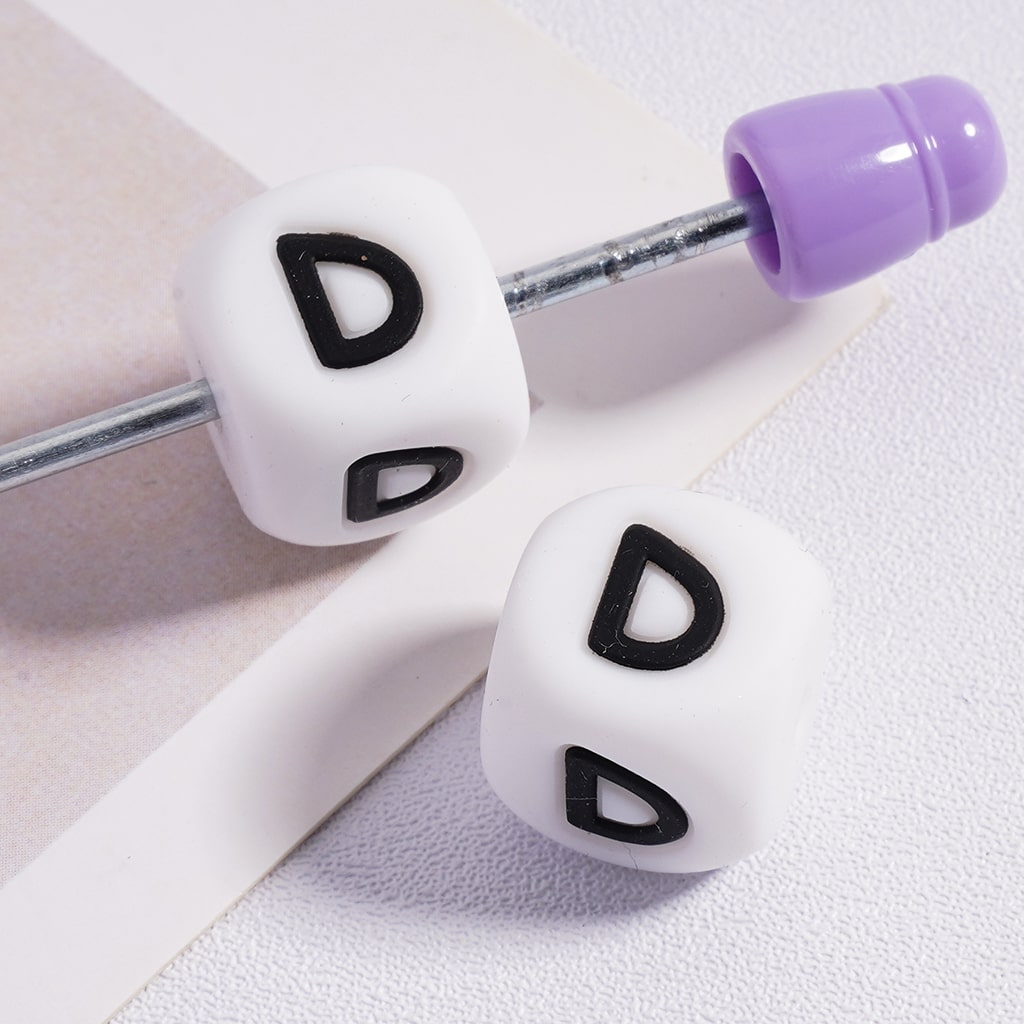 Silicone Letter Beads, Alphabet All Letters, White Color Cube, Square Shape, Size 12mm
