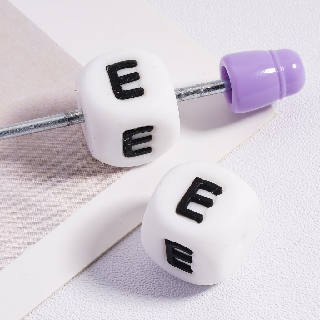 Silicone Letter Beads, Alphabet All Letters, White Color Cube, Square Shape, Size 12mm