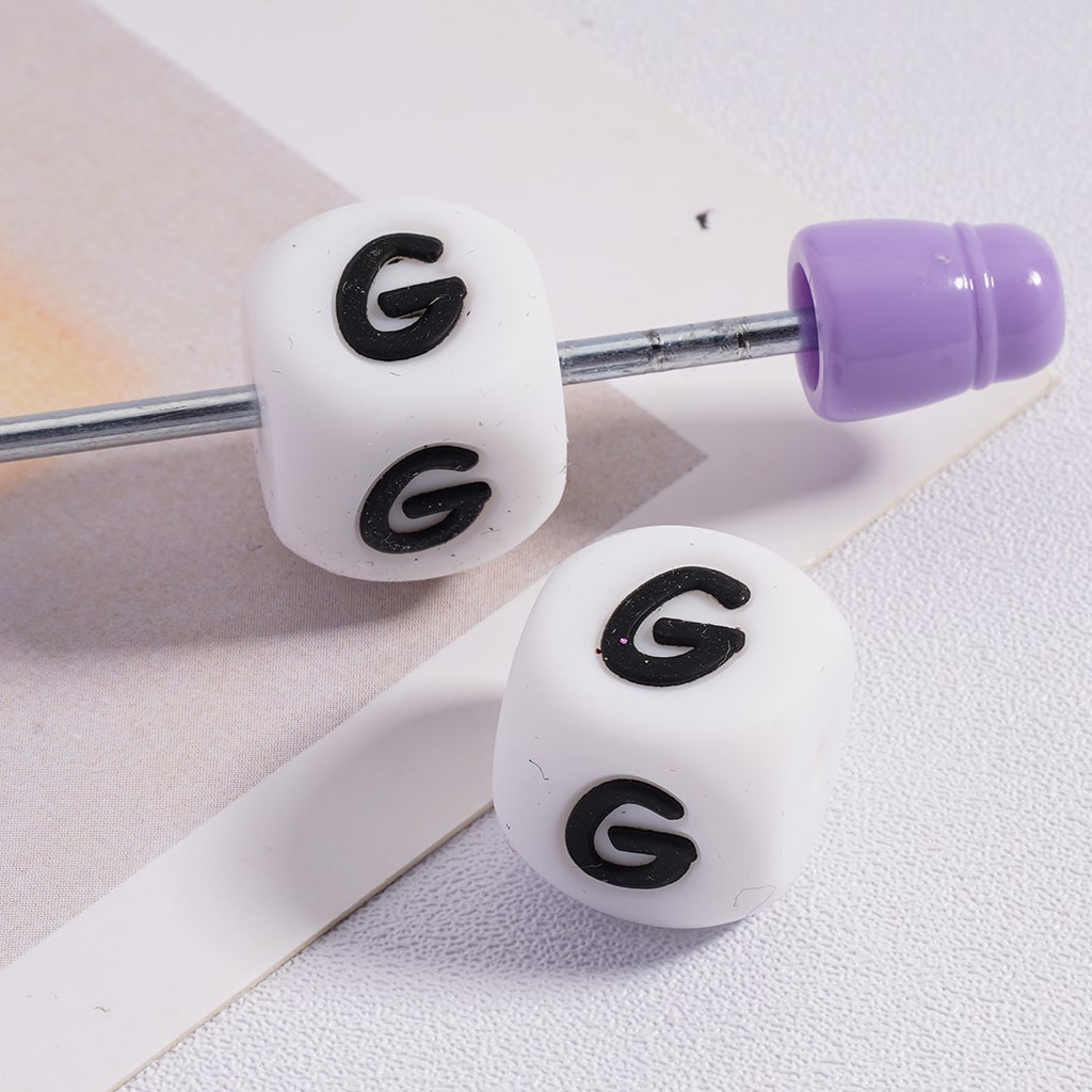 Silicone Letter Beads, Alphabet All Letters, White Color Cube, Square Shape, Size 12mm