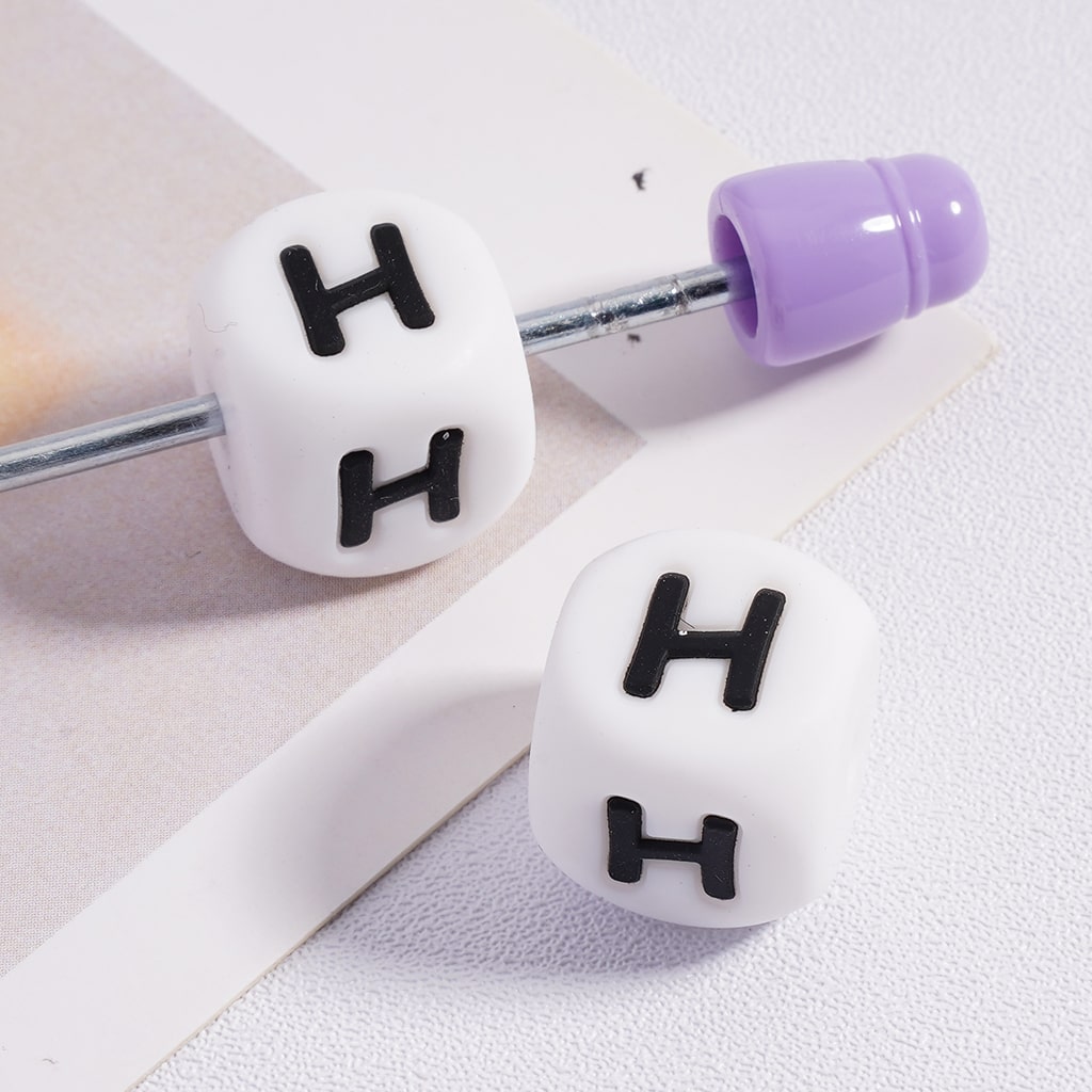 Silicone Letter Beads, Alphabet All Letters, White Color Cube, Square Shape, Size 12mm