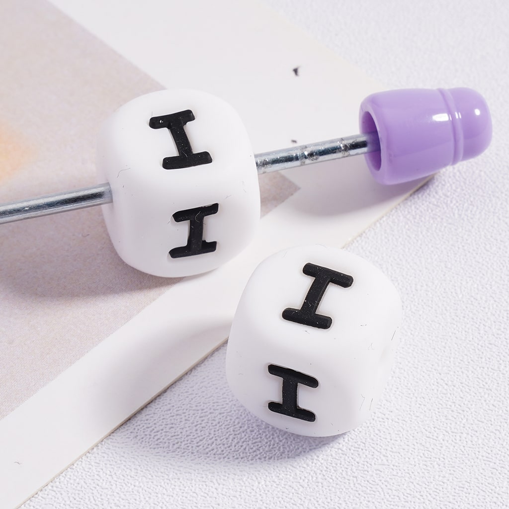 Silicone Letter Beads, Alphabet All Letters, White Color Cube, Square Shape, Size 12mm