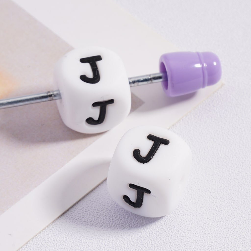 Silicone Letter Beads, Alphabet All Letters, White Color Cube, Square Shape, Size 12mm