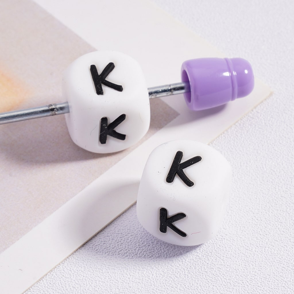 Silicone Letter Beads, Alphabet All Letters, White Color Cube, Square Shape, Size 12mm