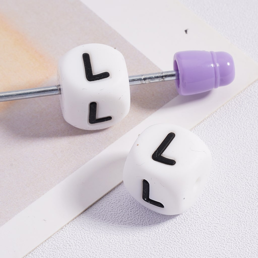 Silicone Letter Beads, Alphabet All Letters, White Color Cube, Square Shape, Size 12mm