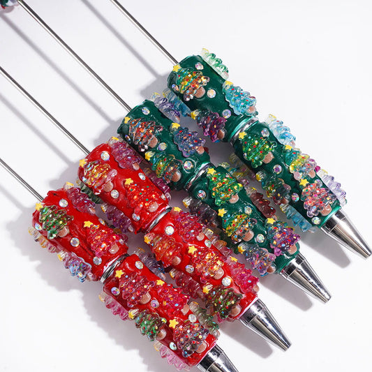 Beadable Clay Pens with Christmas Tree and AB Rhinestones, Green and Red Background