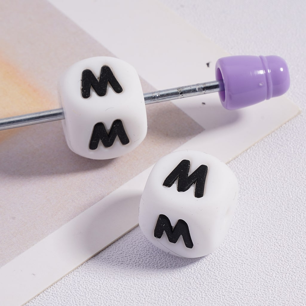 Silicone Letter Beads, Alphabet All Letters, White Color Cube, Square Shape, Size 12mm