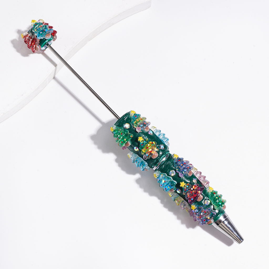 Beadable Clay Pens with Christmas Tree and AB Rhinestones, Green and Red Background