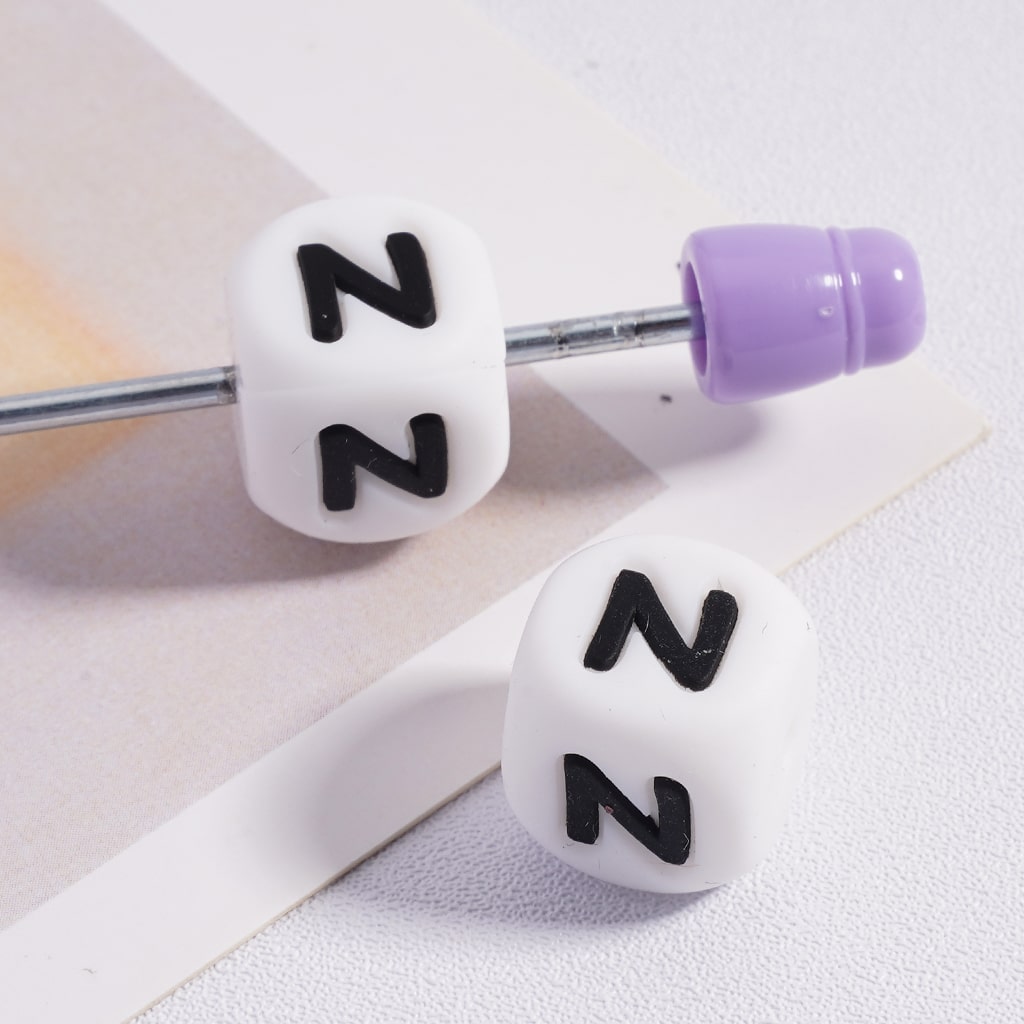 Silicone Letter Beads, Alphabet All Letters, White Color Cube, Square Shape, Size 12mm