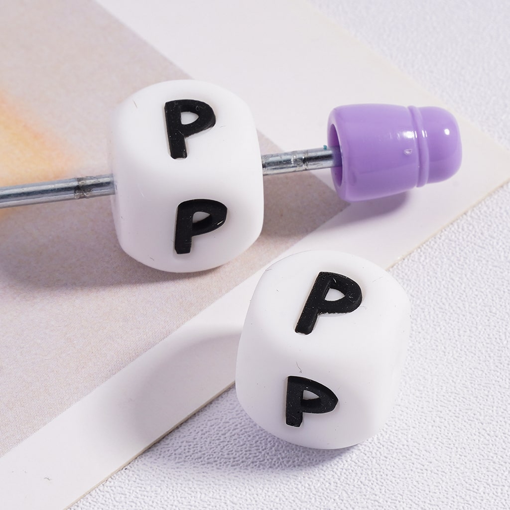 Silicone Letter Beads, Alphabet All Letters, White Color Cube, Square Shape, Size 12mm