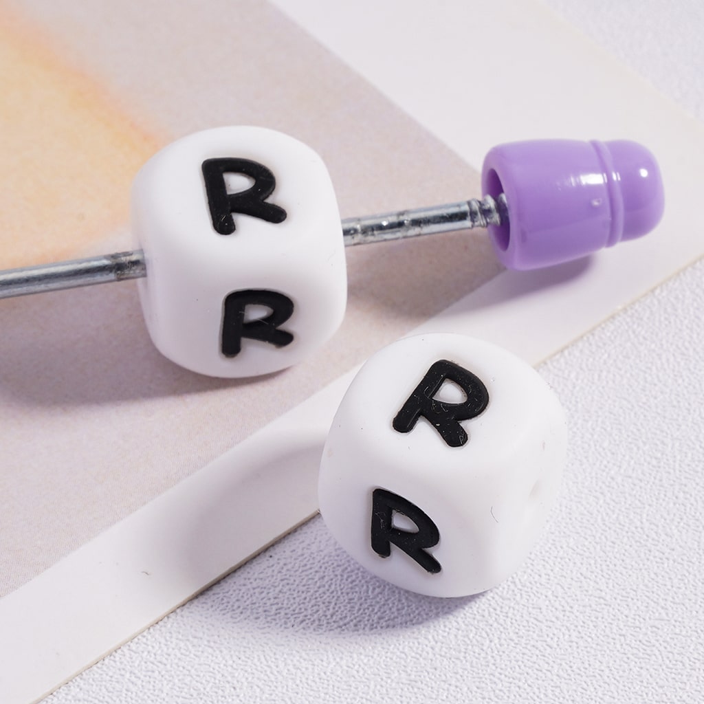 Silicone Letter Beads, Alphabet All Letters, White Color Cube, Square Shape, Size 12mm
