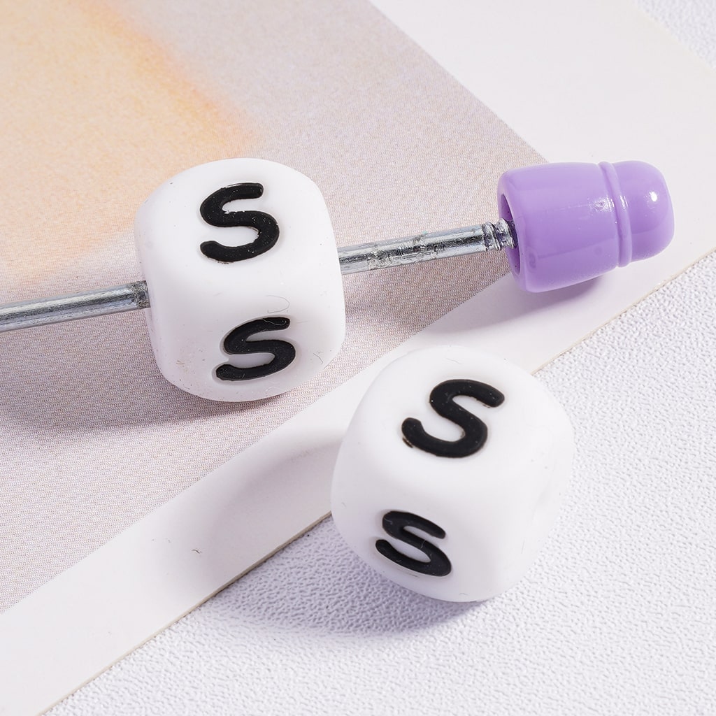 Silicone Letter Beads, Alphabet All Letters, White Color Cube, Square Shape, Size 12mm