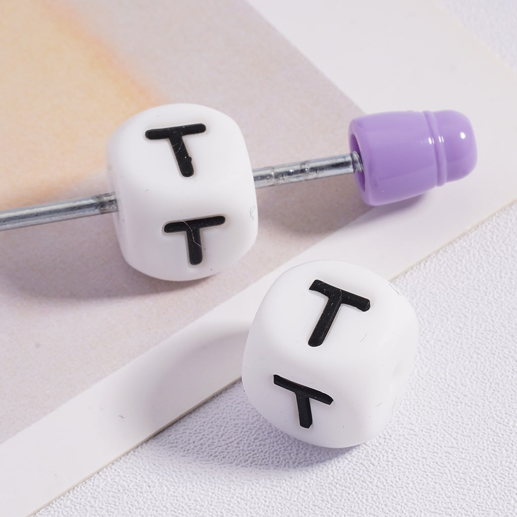 Silicone Letter Beads, Alphabet All Letters, White Color Cube, Square Shape, Size 12mm