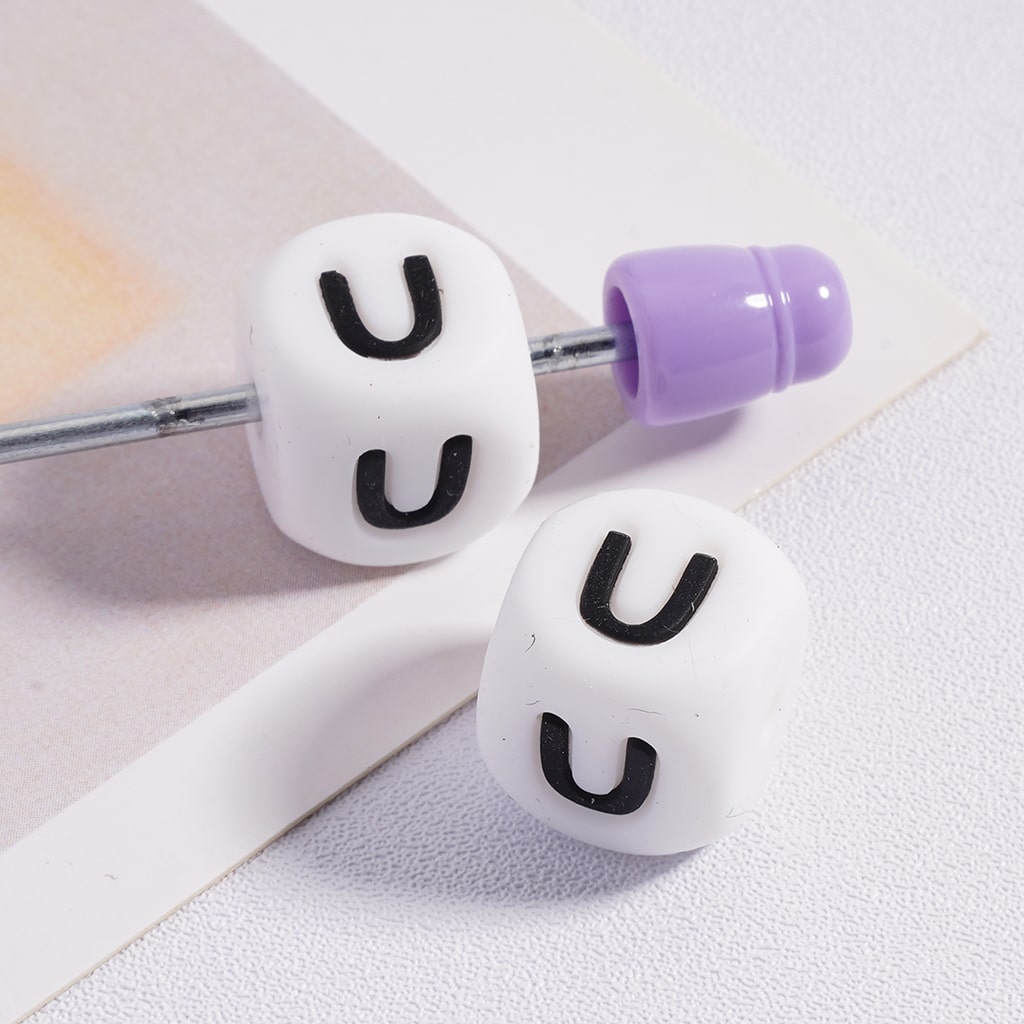 Silicone Letter Beads, Alphabet All Letters, White Color Cube, Square Shape, Size 12mm