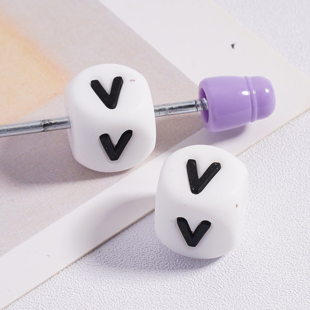 Silicone Letter Beads, Alphabet All Letters, White Color Cube, Square Shape, Size 12mm