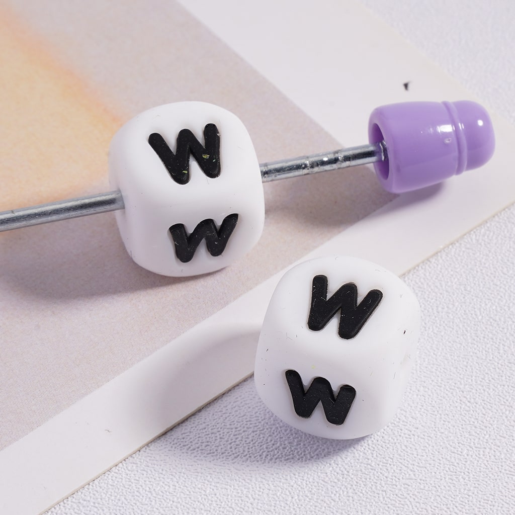 Silicone Letter Beads, Alphabet All Letters, White Color Cube, Square Shape, Size 12mm