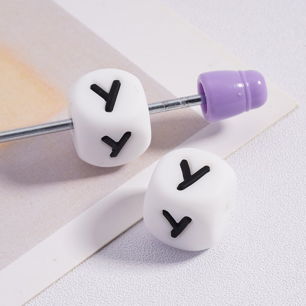 Silicone Letter Beads, Alphabet All Letters, White Color Cube, Square Shape, Size 12mm