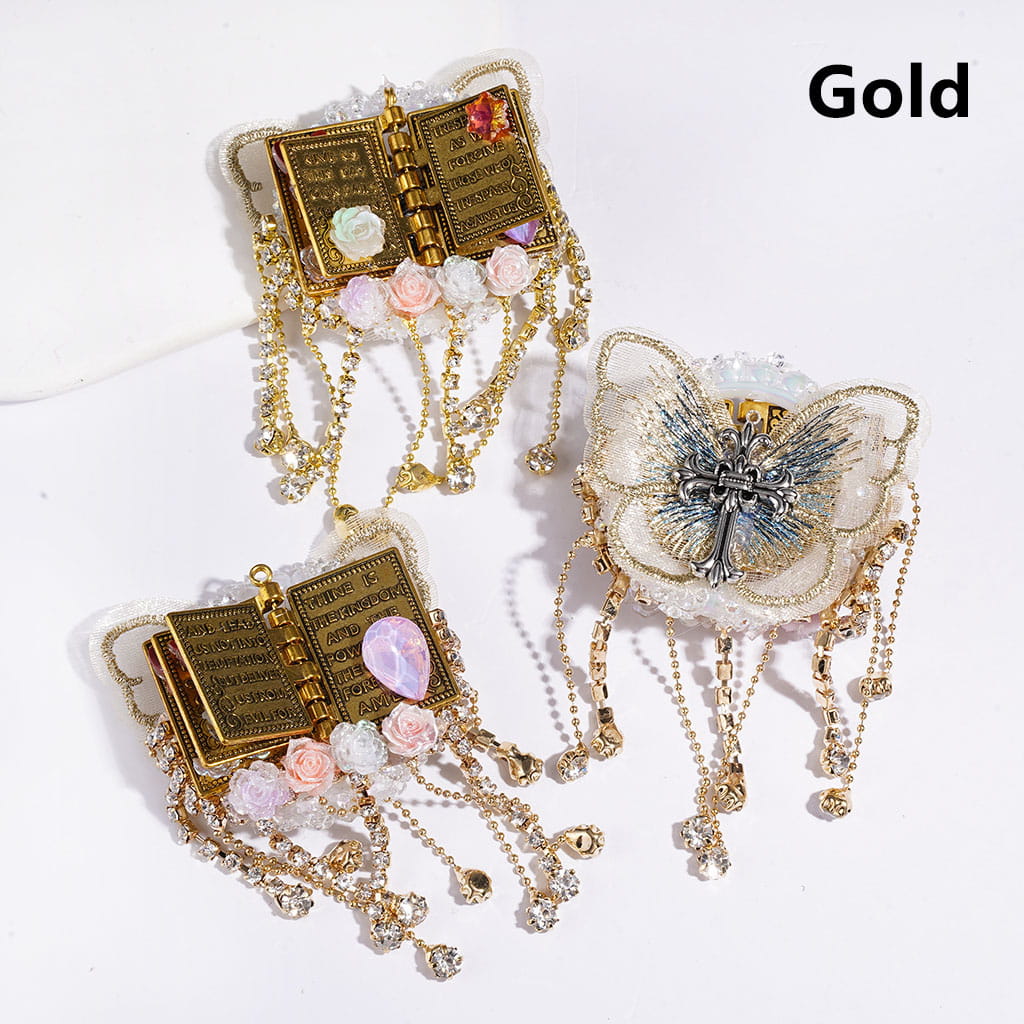 UV Coated Sugar Beads w Fancy Metal Book Cross & Clear Rhinestone Tassel Chains, w Fabric Butterfly & Flower Heart Star Water Drop Diamonds, Around 59*45MM, Silver Gold