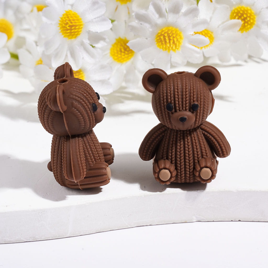 3D Cute Bear with Knitted Woolen Yarn Pattern Silicone Focal Beads, Various Colors