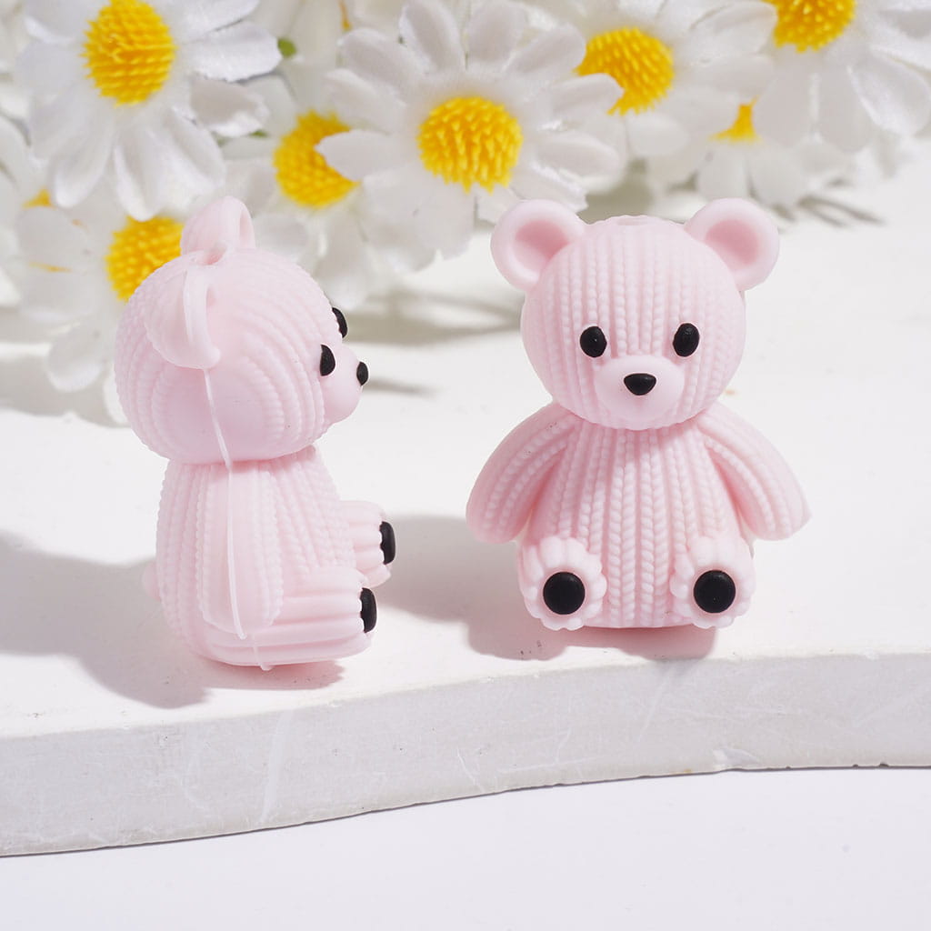 3D Cute Bear with Knitted Woolen Yarn Pattern Silicone Focal Beads, Various Colors