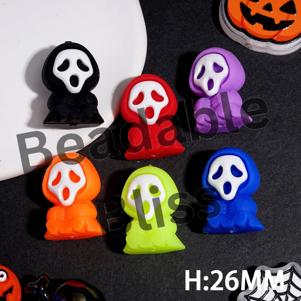 Halloween Tiny Horror Mask Character Silicone Focal Beads, Height 26MM, Fluorescent Colors, Random Mix