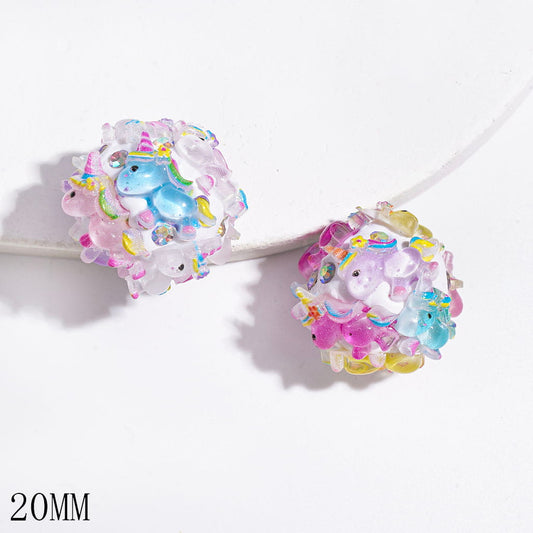 Clay Beads with Cute Rainbow Unicorn and AB Rhinestones, 20MM