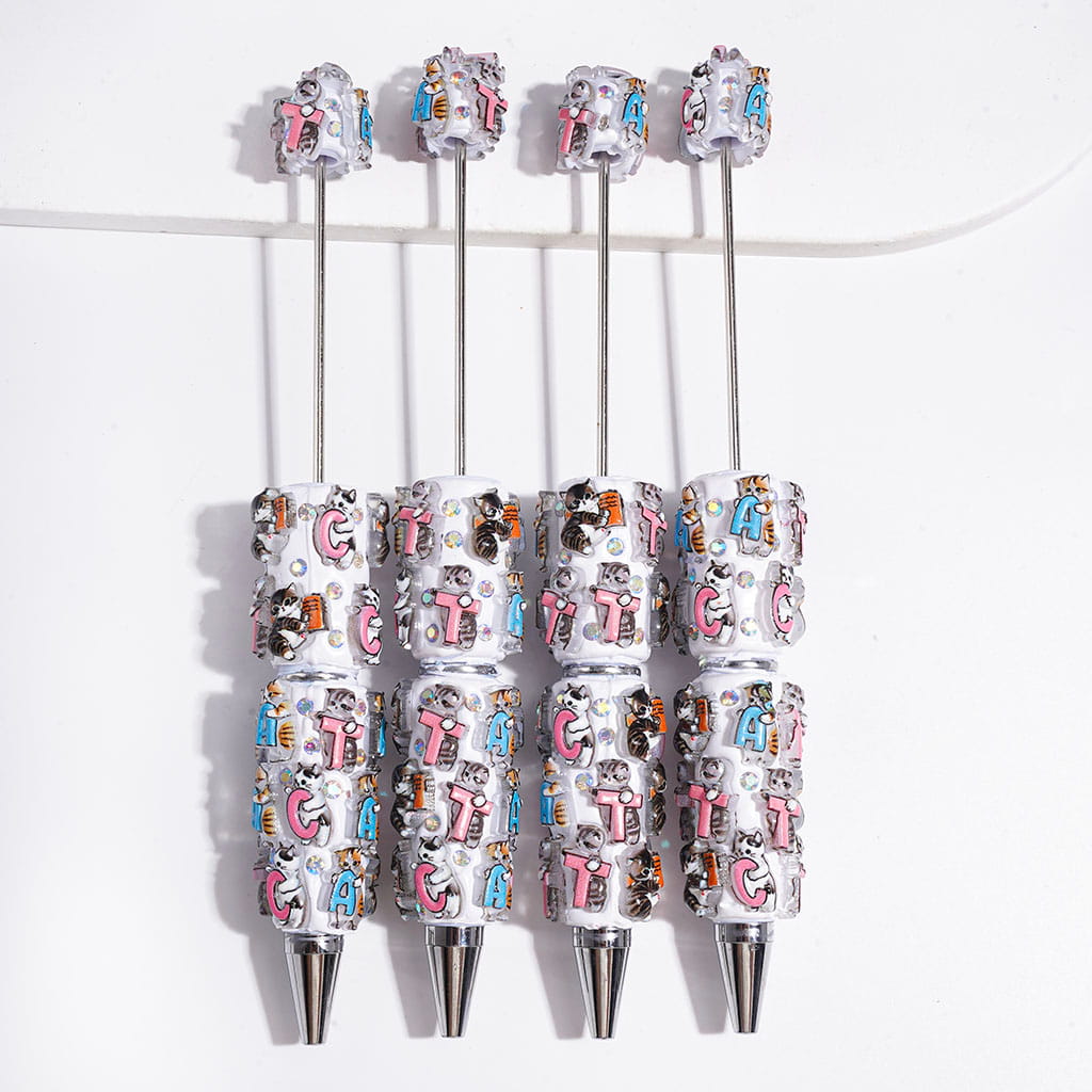 Beadable Clay Pens with Cute Cat and Letter, AB Rhinestones