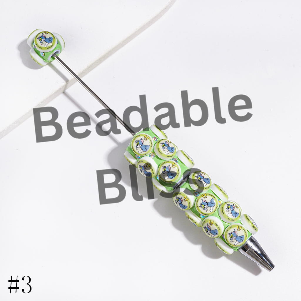 Flat Round Shape with Cat & Mouse Characters & AB Rhinestones Beadable Clay Pens, Multi-Color