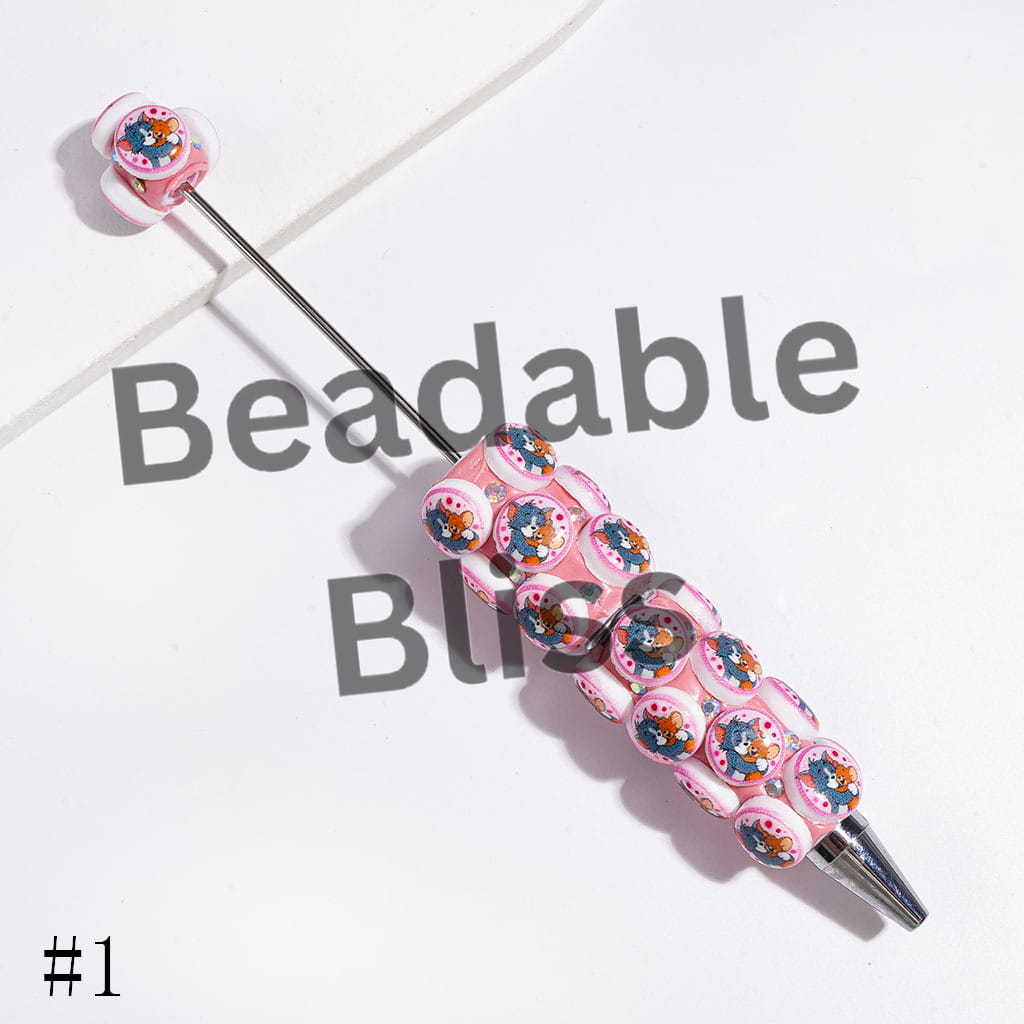 Flat Round Shape with Cat & Mouse Characters & AB Rhinestones Beadable Clay Pens, Multi-Color