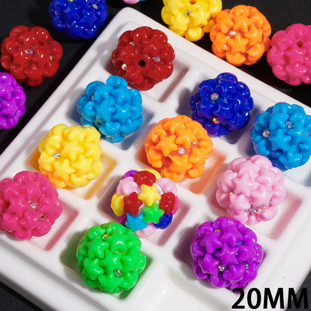 Handcrafted Acrylic Beads with Star and AB Rhinestones, 20MM, Neon Colors, Random Mix