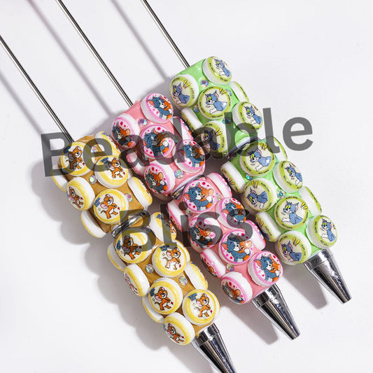 Flat Round Shape with Cat & Mouse Characters & AB Rhinestones Beadable Clay Pens, Multi-Color