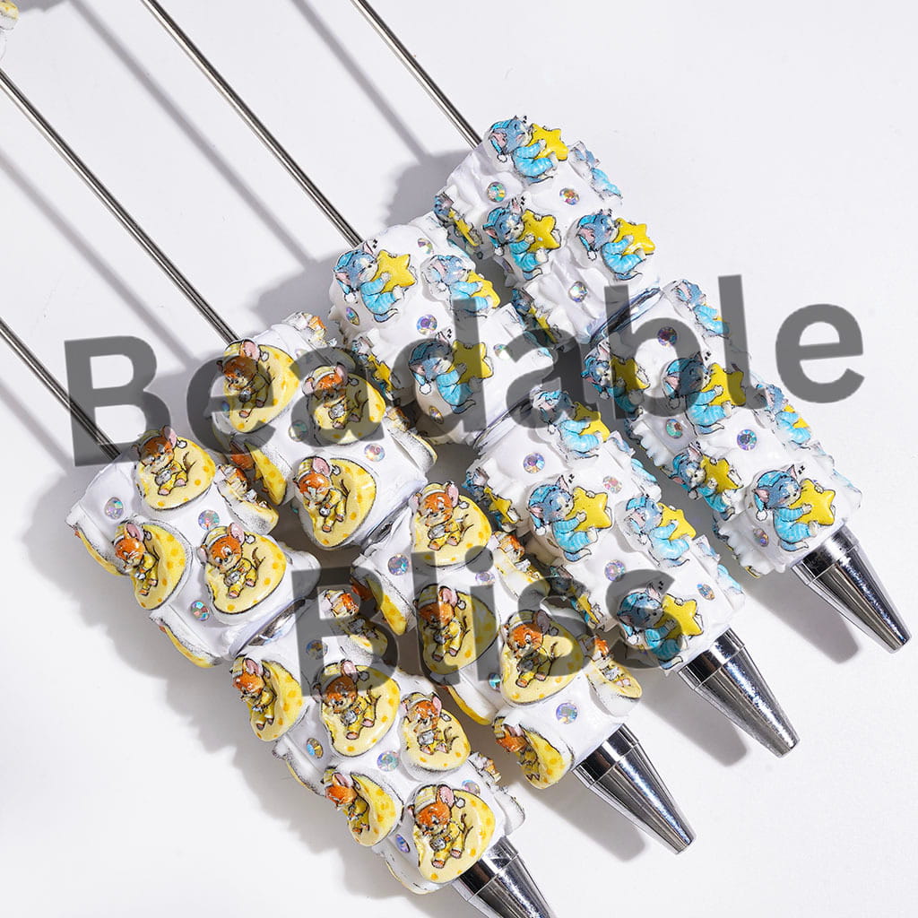 Beadable Clay Pens with Cat & Mouse Characters & AB Rhinestones
