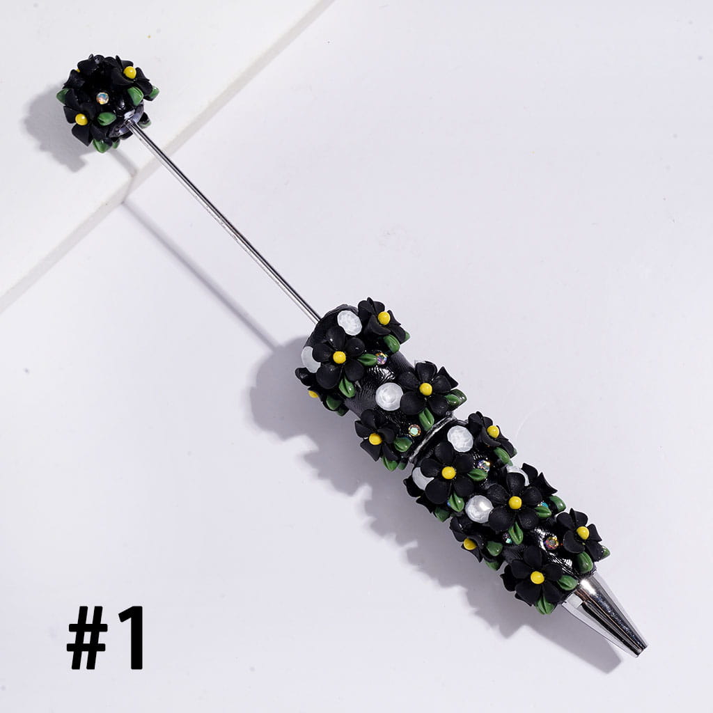 Beadable Clay Pens with Five-Petaled Flower and Green Leaf and Big Cone Shaped Rhinestones, AB Rhinestone, Multi-Color
